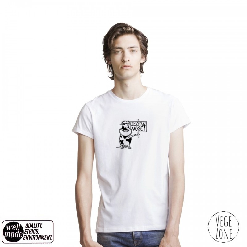 Koszulka męska organiczna biała, rolowane rękawy - Zostań VEGE! - Roll Sleeve T - Mantis 